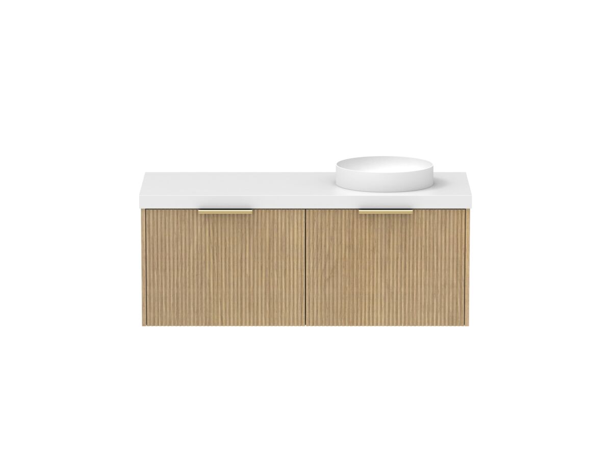 Supporting Image - Kado Neue Fluted Square All Drawer 1200mm Wall Hung Vanity with Right Hand Basin 50mm Top Boston Oak