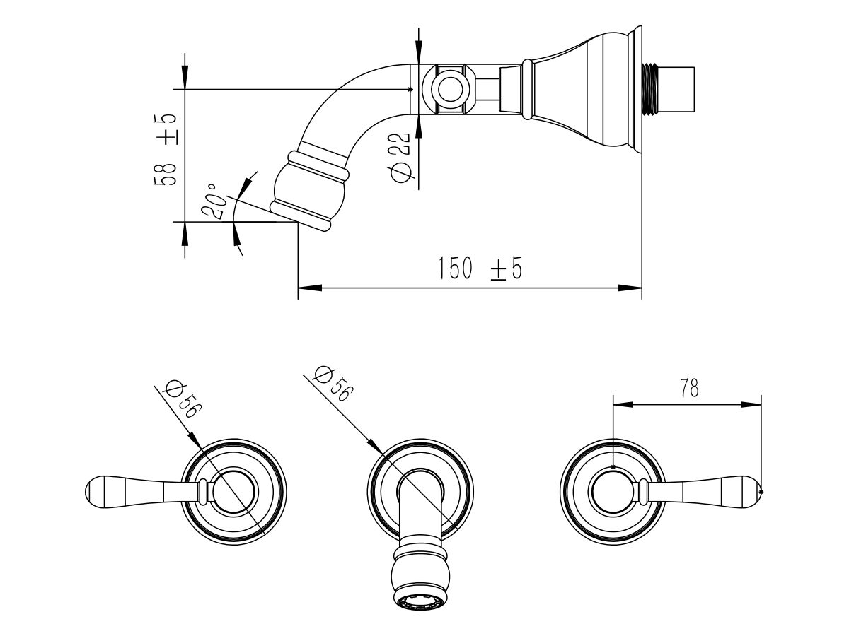 Milli Voir Wall Bath Set Lever Handle 150mm