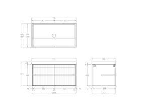 Technical Drawing - Kado Neue Fluted Square All Door 900mm Wall Hung Vanity with Centre Basin 50mm Top