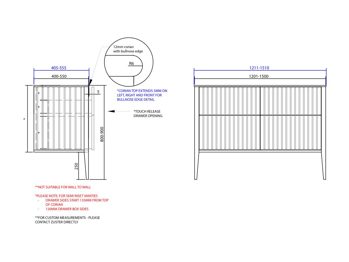 ISSY Custom Cloud II 1201-1500mm x 400-550mm x 800-900mm Vanity Unit with Legs 4 Touch Latch Drawers Semi Inset (No Basin)