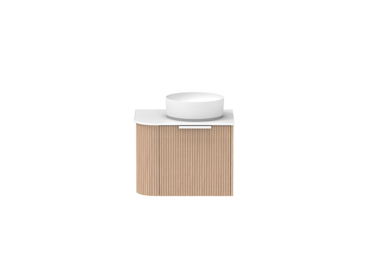 Supporting Image - Kado Neue Fluted Single Curve All Drawer 600mm Wall Hung Vanity with Centre Basin Durasein 12mm Top Blonde Oak