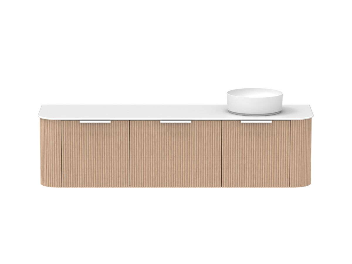 Supporting Image - Kado Neue Fluted Double Curve All Drawer 1800 Wall Hung Vanity with Right Hand Basin Durasein 12mm Top Blonde Oak