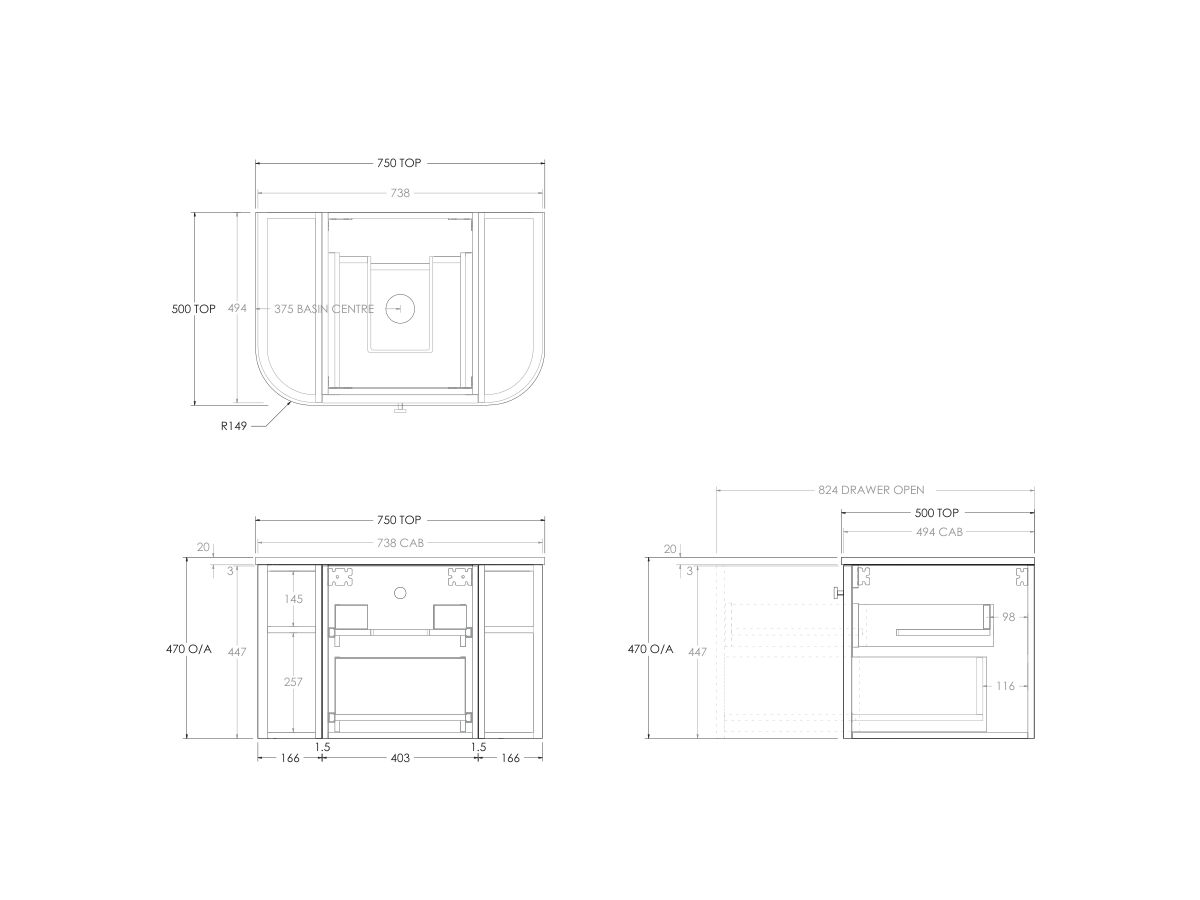 Technical Drawing - Kado Era Double Curve All Drawer 750mm Wall Hung Vanity with Centre Basin 20mm Top