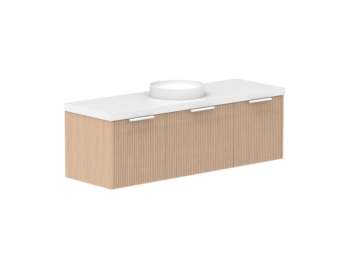 Supporting Image 2- Kado Neue Fluted Square All Drawer 1500mm Wall Hung Vanity with Centre Basin 50mm Top Blonde Oak