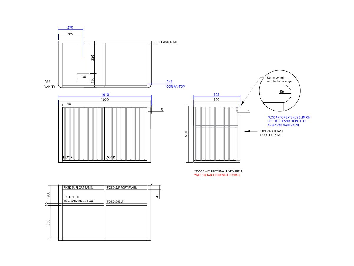 ISSY Cloud I 1000mm x 500mm x 610mm Wall Hung Vanity Unit 2 Touch Latch Doors Semi Inset (No Basin)