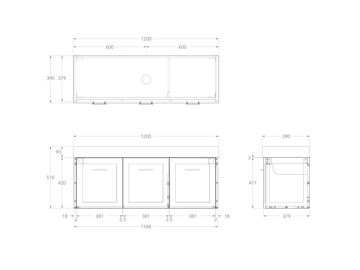 Technical Drawing - Kado Lux Ensuite All Door 1200mm Wall Hung Centre Basin 90mm Top