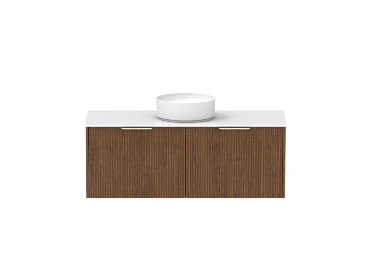 Supporting Image - Kado Neue Fluted Square All Drawer 1200mm Wall Hung Vanity with Centre Basin Durasein 12mm Top Florentine Walnut