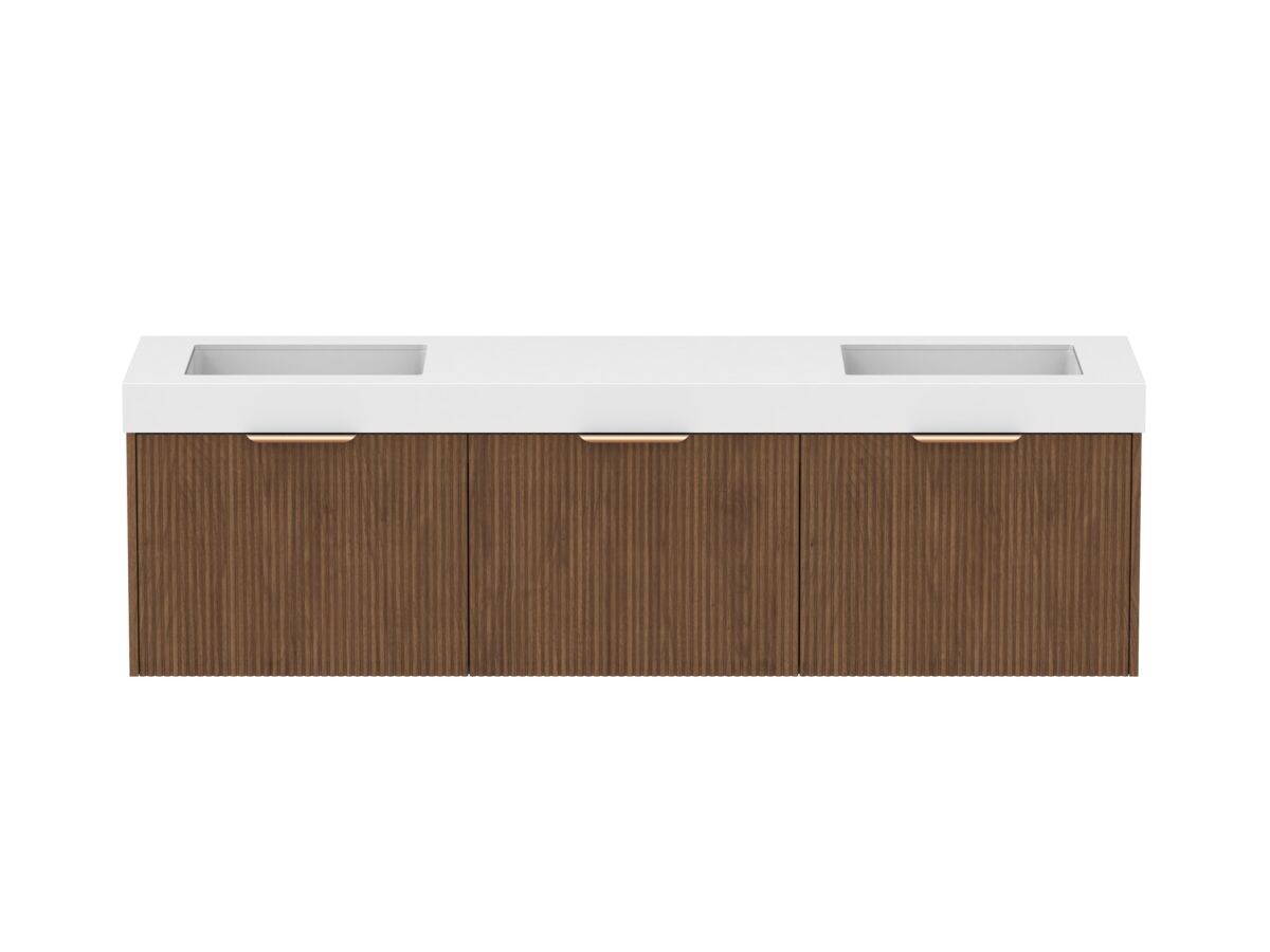 Supporting Image - Kado Neue Fluted Square All Drawer 1800mm Wall Hung Vanity with Double Basin 90mm Top Florentine Walnut