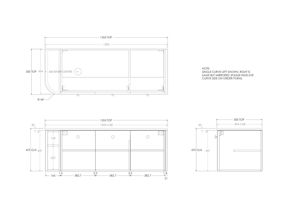 Technical Drawing - Kado Era Single Curve All Door 1350mm Wall Hung Vanity with Left Hand Basin 20mm Top