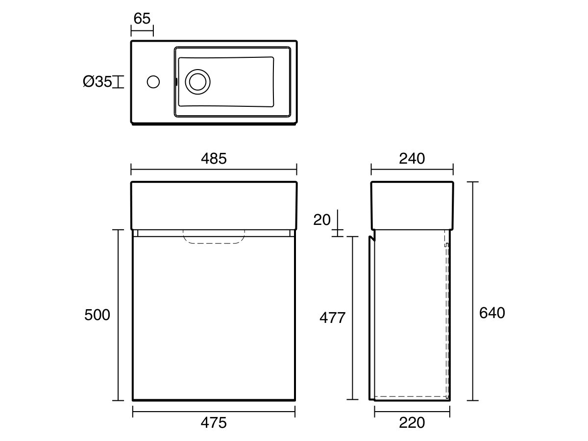 Technical Drawing - Posh Solus 485mm Powder Room Vanity Unit Wall Hung Right Hand Bowl 1 Taphole White