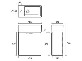 Technical Drawing - Posh Solus 485mm Powder Room Vanity Unit Wall Hung Right Hand Bowl 1 Taphole White