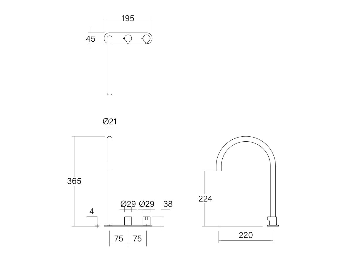 Technical Drawing - Faucet Strommen Vara Fin Hob Extended Basin Hostess Tap System Right Hand (6 Star) Lead Free