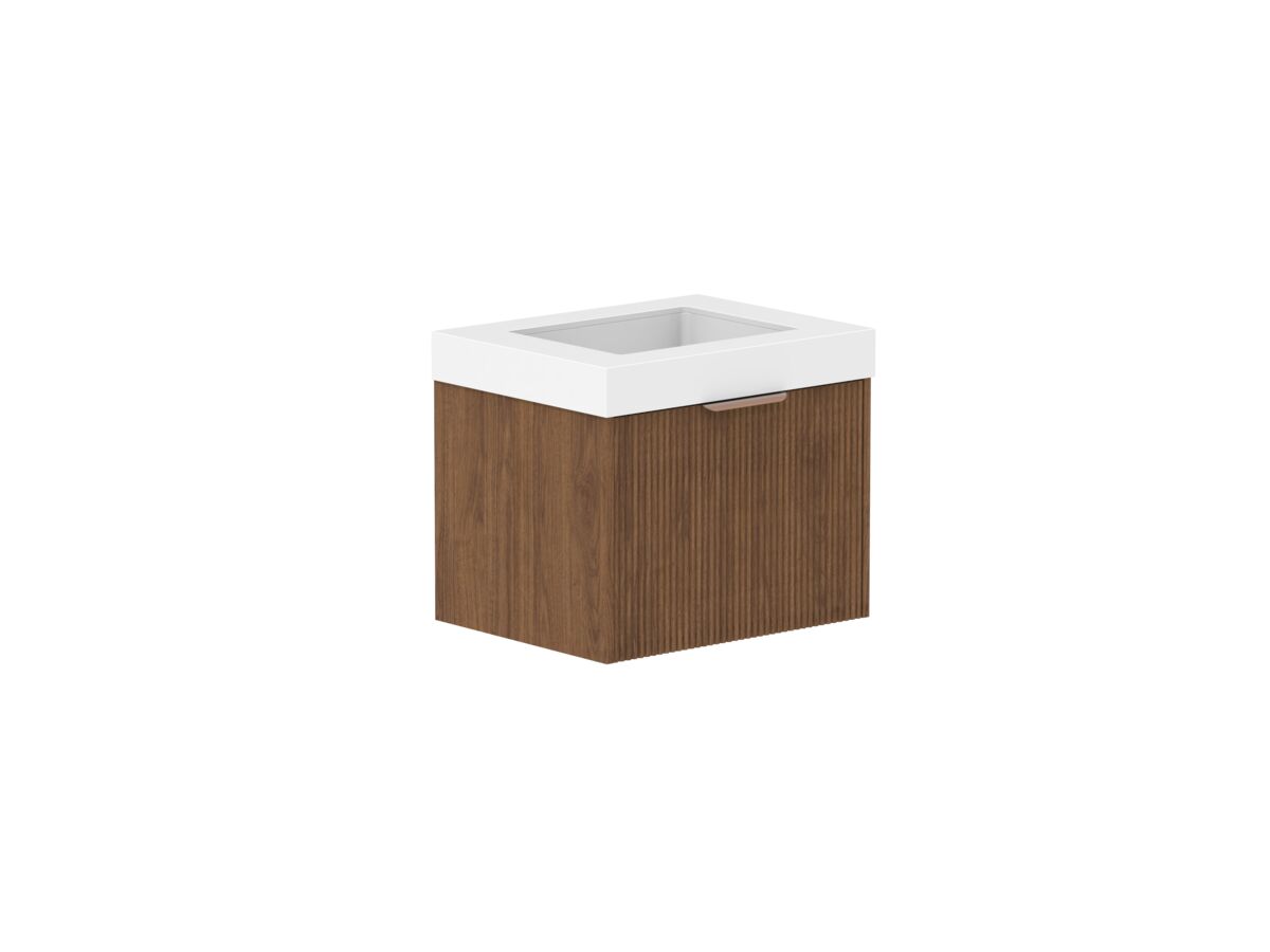Hero - Kado Neue Fluted Square All Drawer 600mm Wall Hung Vanity with Centre Basin 90mm Top Florentine Walnut