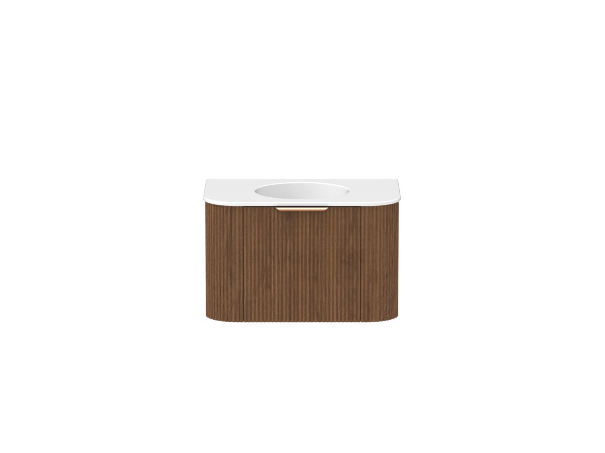 Hero - Kado Neue Fluted Double Curve 750mm Wall Hung Vanity Centre Basin Matte White Ceramic Top Florentine Walnut