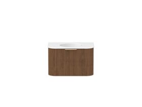 Hero - Kado Neue Fluted Double Curve 750mm Wall Hung Vanity Centre Basin Matte White Ceramic Top Florentine Walnut