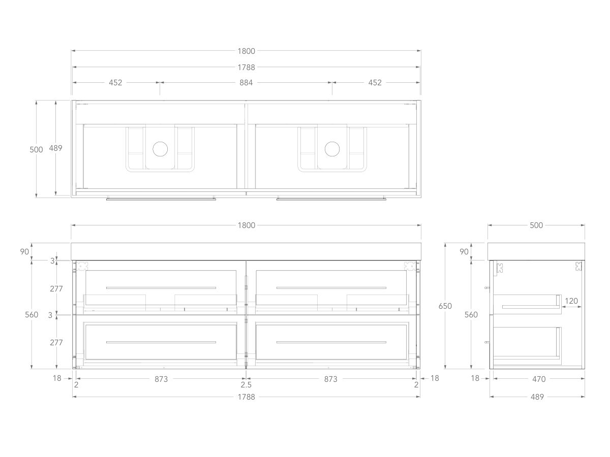 Kado Lux Drawer Vanity Unit Wall Hung 1800 Double Bowl Statement Top 4 Drawers (No Basin)