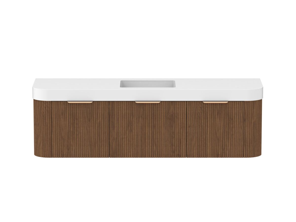 Hero - Kado Neue Fluted Double Curve All Drawer 1800mm Wall Hung Vanity with Centre Basin Durasein 90mm Top Florentine Walnut