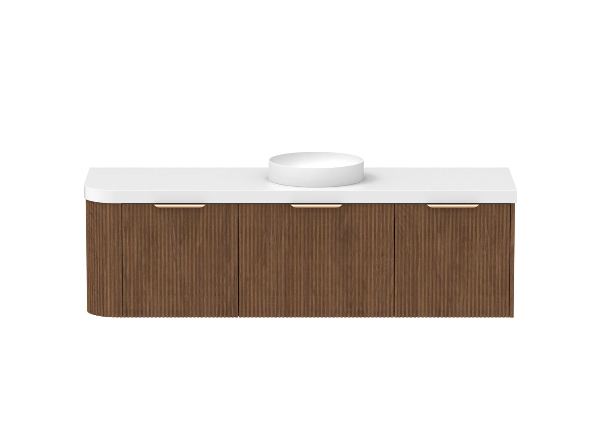 Supporting Image - Kado Neue Fluted Single Curve All Drawer 1650mm Wall Hung Vanity with Centre Basin Durasein 50mm Top Florentine Walnut