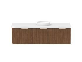 Supporting Image - Kado Neue Fluted Single Curve All Drawer 1650mm Wall Hung Vanity with Centre Basin Durasein 50mm Top Florentine Walnut