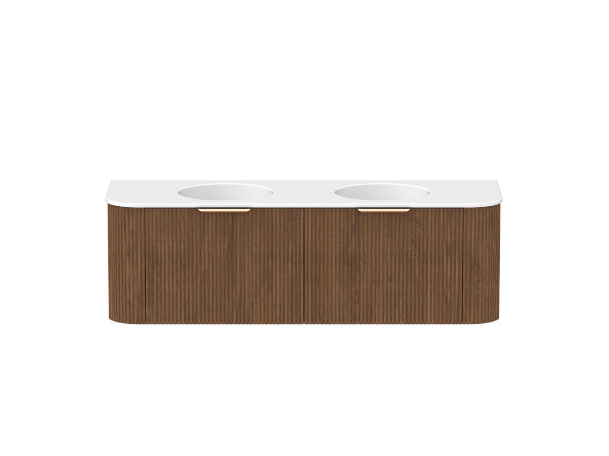 Hero - Kado Neue Fluted Double Curve 1500mm Wall Hung Vanity Double Basin Matte White Ceramic Top Florentine Walnut