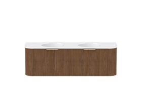 Hero - Kado Neue Fluted Double Curve 1500mm Wall Hung Vanity Double Basin Matte White Ceramic Top Florentine Walnut