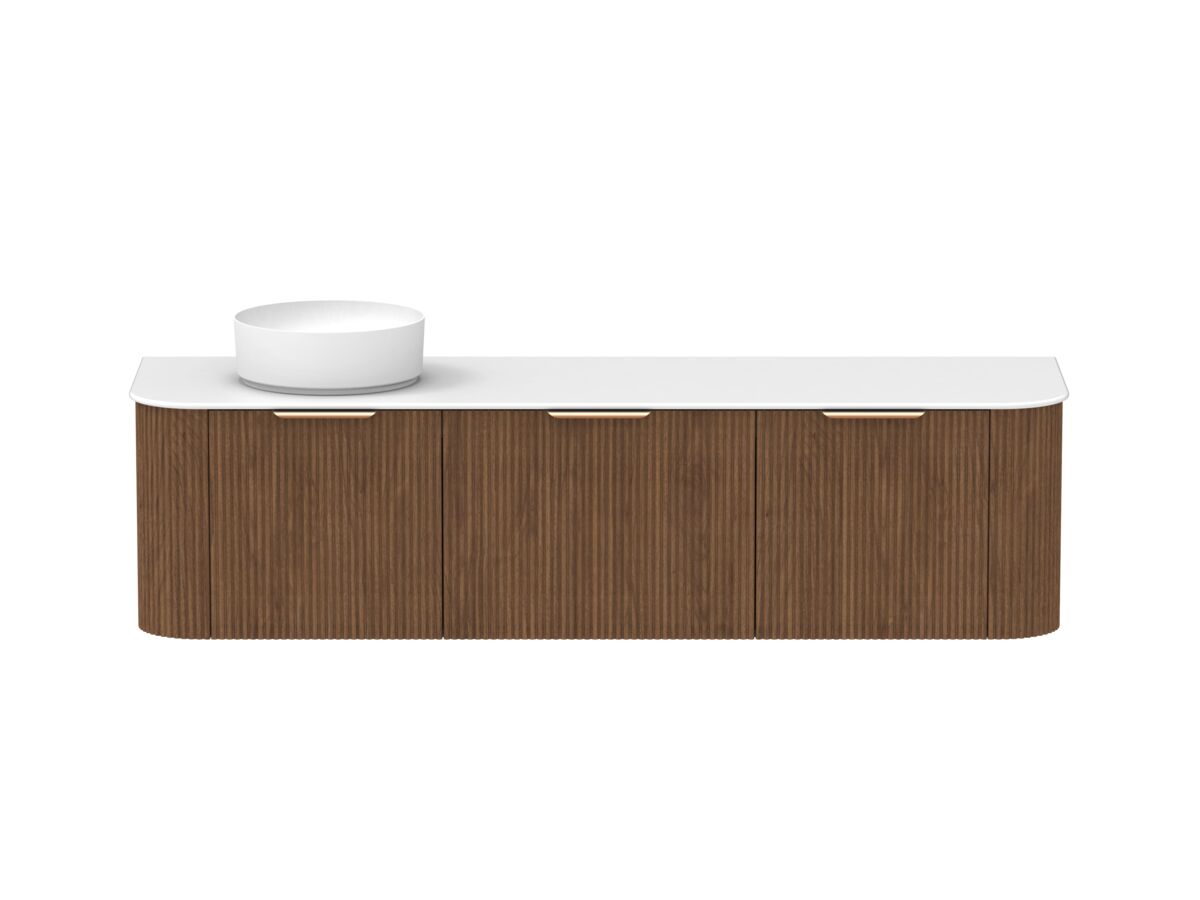 Hero - Kado Neue Fluted Double Curve All Drawer 1800 Wall Hung Vanity with Left Hand Basin Durasein 12mm Top Florentine Walnut