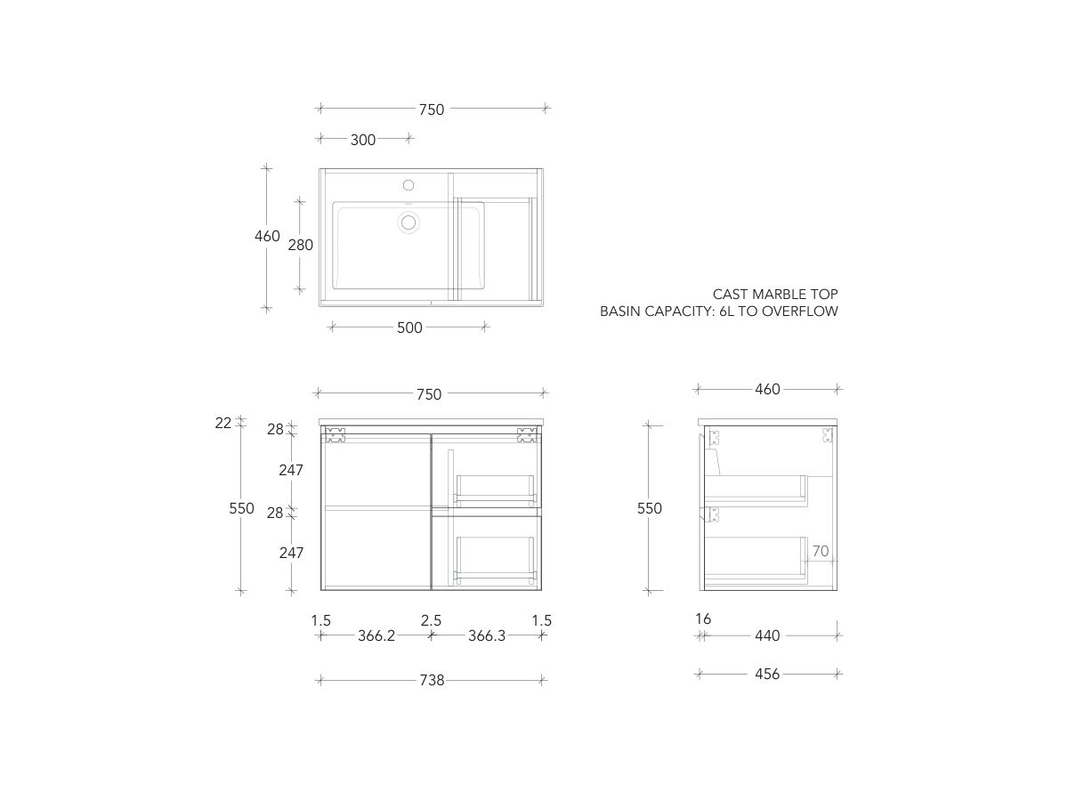 Posh Domaine Conventional 750mm Wall Hung Vanity Cast Marble Left Hand Basin