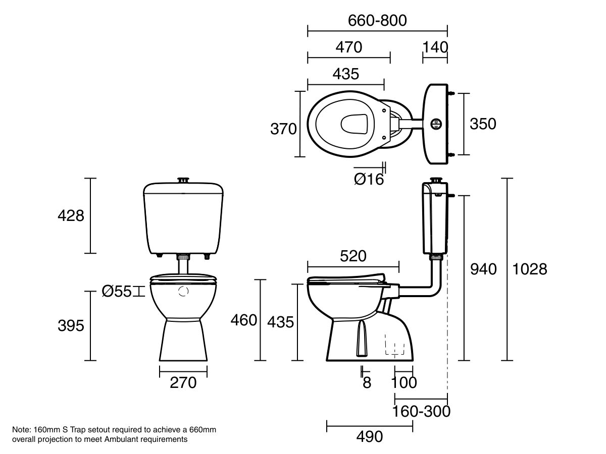 Technical Drawing - Wolfen Ambulant Plastic Link Toilet Suite Concealed S Trap Pan with Chrome Raised Buttons & Double Flap Soft Close Seat White (4 Star)