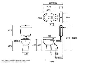 Technical Drawing - Wolfen Ambulant Plastic Link Toilet Suite Concealed S Trap Pan with Chrome Raised Buttons & Double Flap Soft Close Seat White (4 Star)