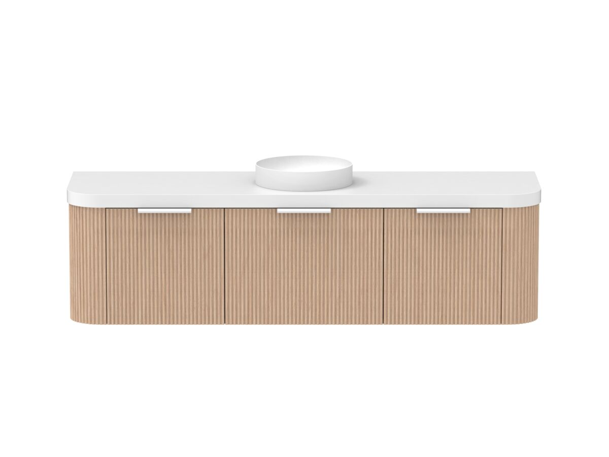 Supporting Image - Kado Neue Fluted Double Curve All Drawer 1800mm Wall Hung Vanity with Centre Basin Durasein 50mm Top Blonde Oak