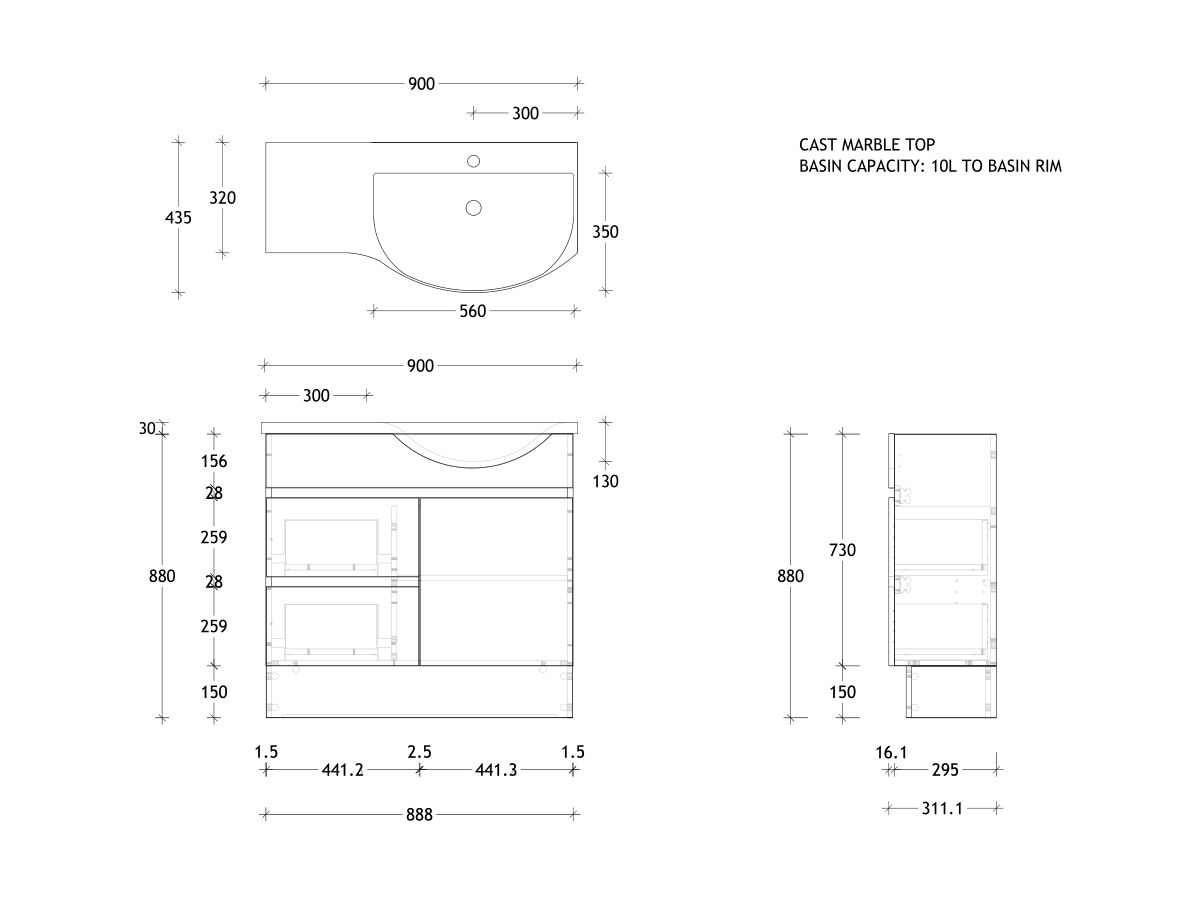 Posh Domaine Semi-Recessed 900 Right Floor Mount Cast Marble