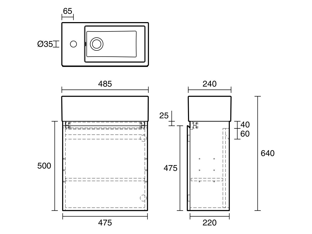 Technical Drawing - Posh Solus Powder Room Vanity Unit Wall Mounted Right Hand Bowl 1 Taphole Oak Finish