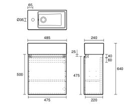 Technical Drawing - Posh Solus Powder Room Vanity Unit Wall Mounted Right Hand Bowl 1 Taphole Oak Finish