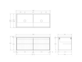 Technical Drawing - Kado Neue Fluted Square All Door 1200mm Wall Hung Vanity with Double Basin 50mm Top