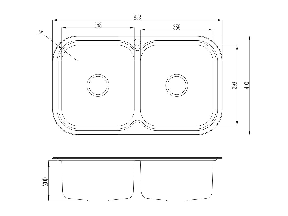AFA Flow Double Bowl Undermount / Inset Sink 1 Taphole with Quick-Fit Clips 838 x 490mm Stainless Steel