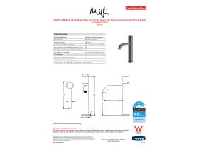 Specification Sheet - Milli Pure Medium Height Basin Mixer Tap Curved Spout with Cirque Textured Handle PVD Brushed Gunmetal (5 Star)