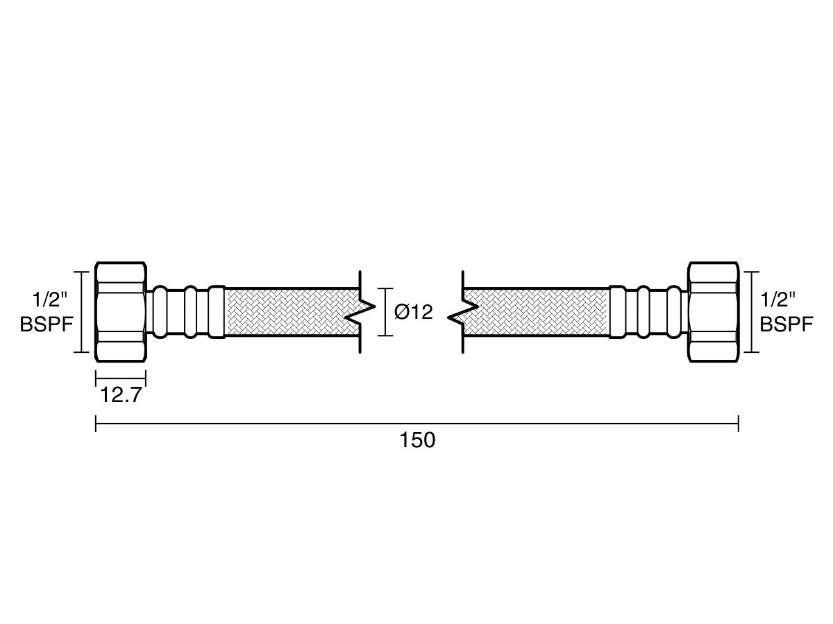 Technical Drawing - Dura Pex Flexible Hose Connector Water 150mm Stainless Steel Low-Temp Lead Free