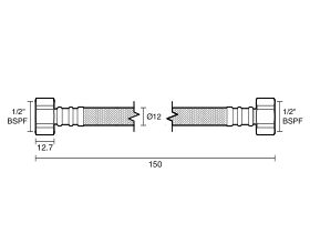 Technical Drawing - Dura Pex Flexible Hose Connector Water 150mm Stainless Steel Low-Temp Lead Free