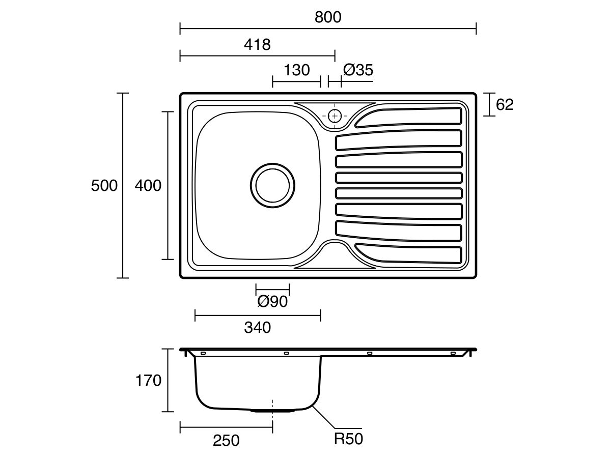 Technical Drawing - Posh Bristol Single Bowl Sink 1 Taphole Left Hand Bowl with Drainer Stainless Steel