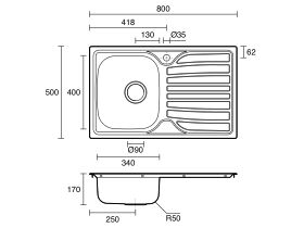 Technical Drawing - Posh Bristol Single Bowl Sink 1 Taphole Left Hand Bowl with Drainer Stainless Steel