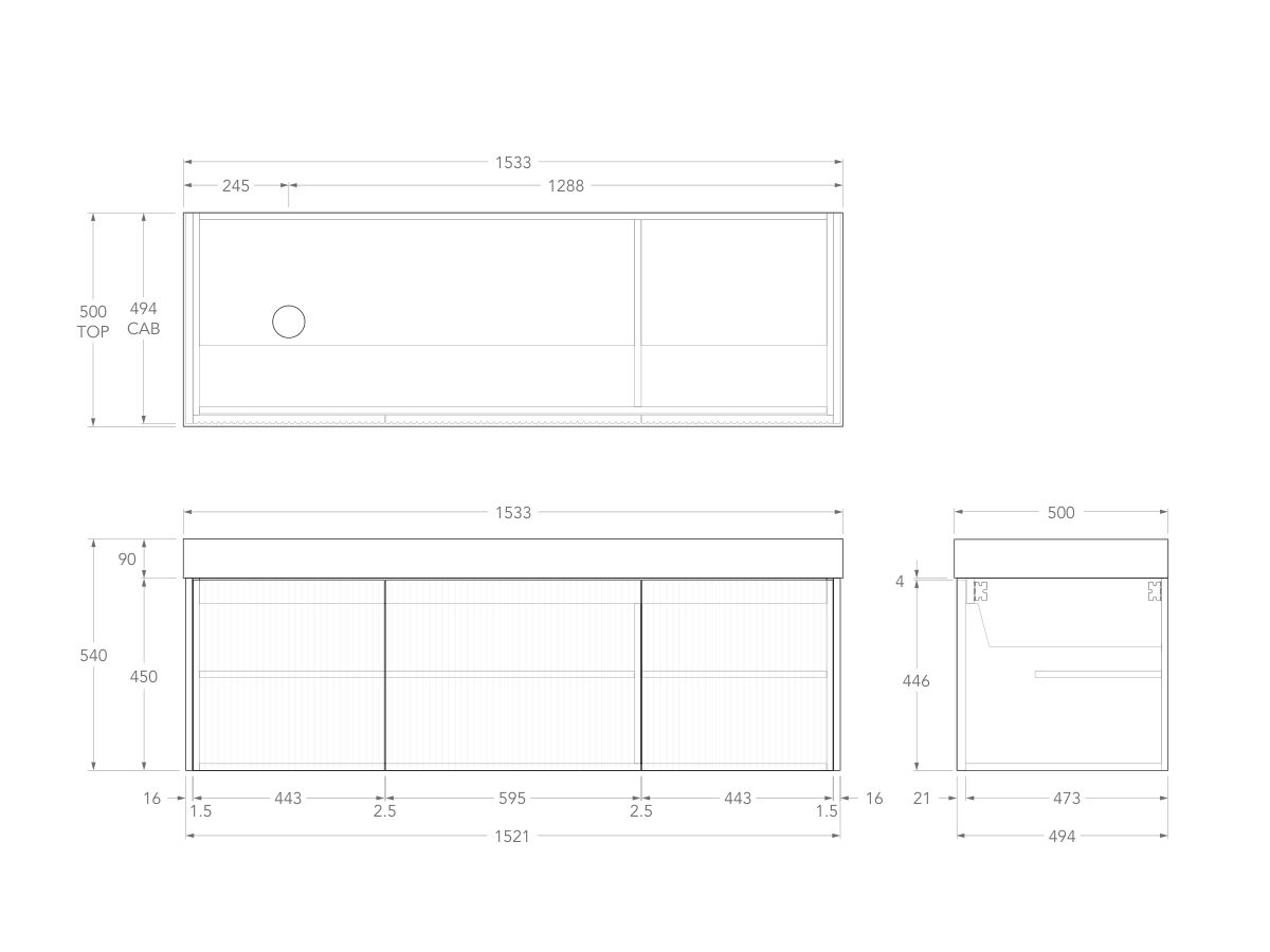 Technical Drawing - Kado Neue Fluted Square All Door 1500mm Wall Hung Vanity with Left Hand Basin 90mm Top