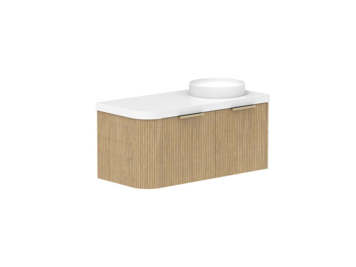 Supporting Image 2- Kado Neue Fluted Single Curve All Drawer 1050mm Wall Hung Vanity with Right Hand Basin Durasein 50mm Top Boston Oak