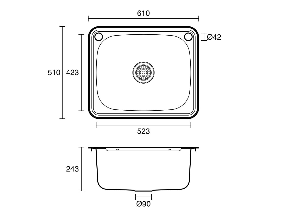 Technical Drawing  - Posh Bristol Standard Inset Laundry Trough 45L with 1 Taphole and Bypass Stainless Steel