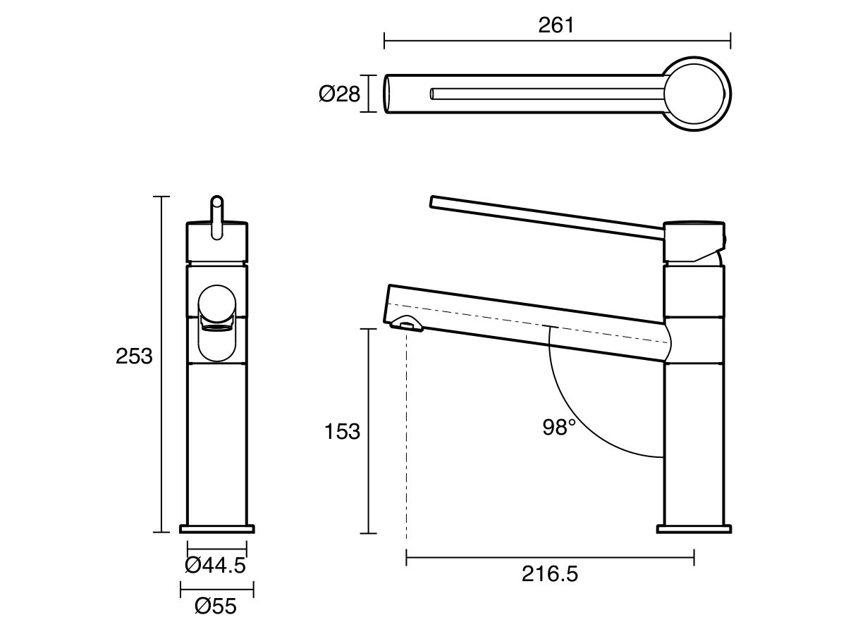 Technical Drawing - Mizu Drift Sink Mixer Extended Lever with Red & Blue Indicators