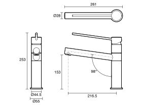 Technical Drawing - Mizu Drift Sink Mixer Extended Lever with Red & Blue Indicators