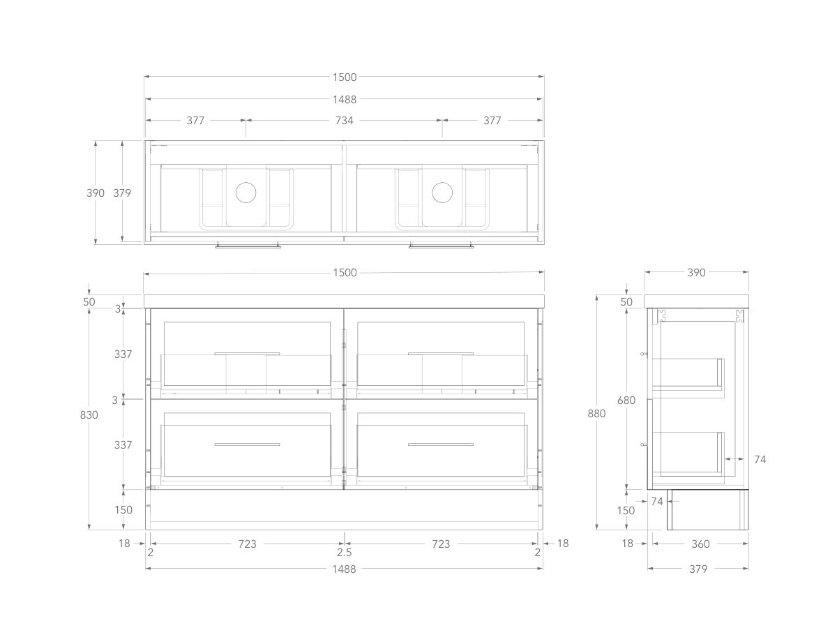 Technical Drawing - Kado Lux Ensuite All Drawer Twin 1500mm Floor Mount Double Basin 50mm Top