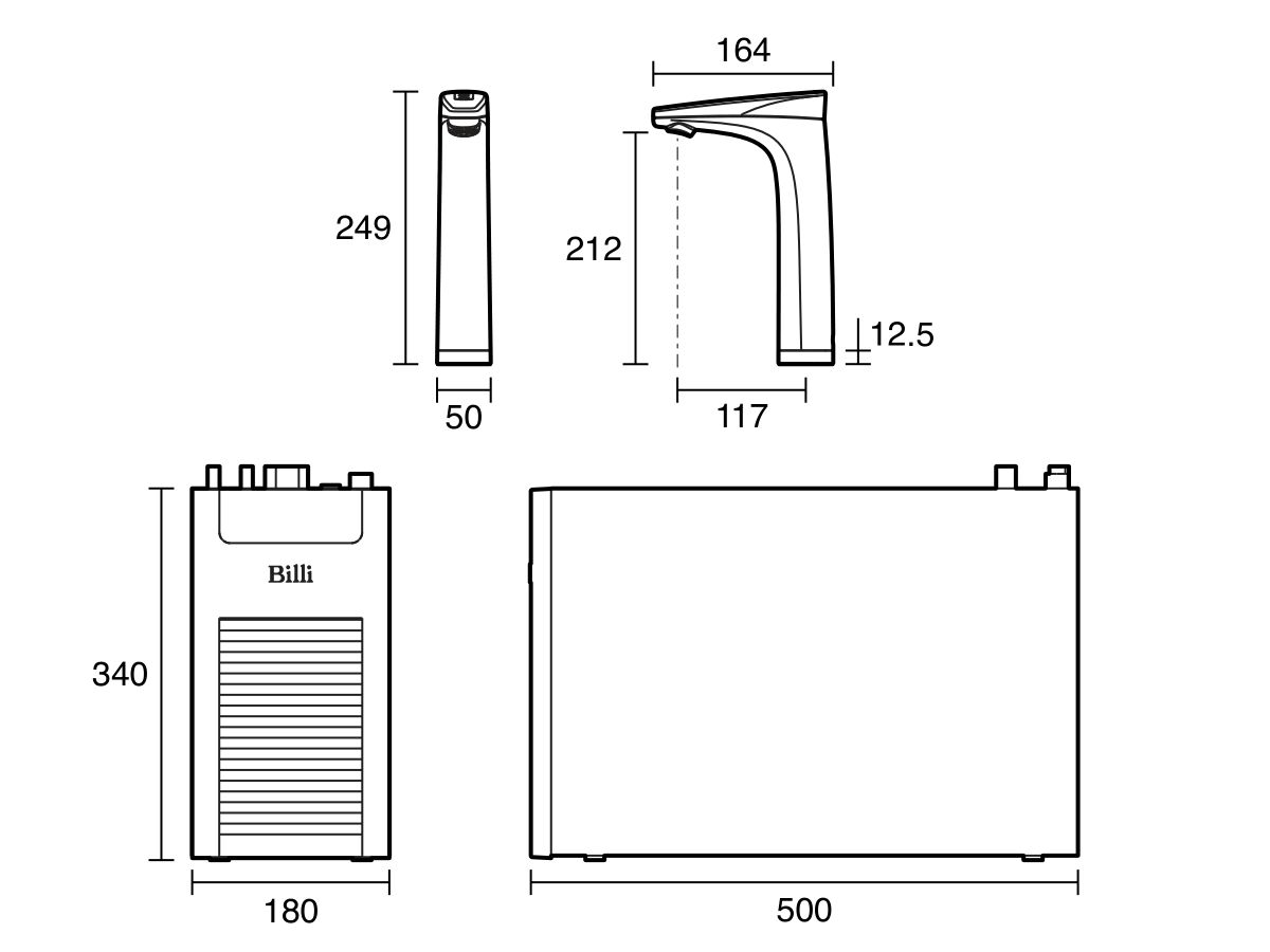 Technical Drawing - Billi Touch Motion Boiling Chilled Tap Eco Small Capacity for Up To 10 People