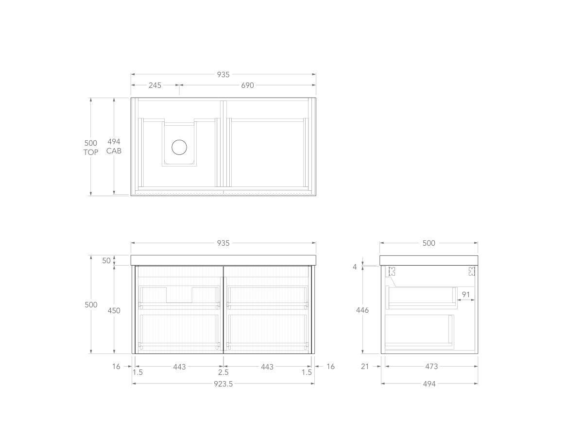 Technical Drawing - Kado Neue Fluted Square All Drawer 900mm Wall Hung Vanity with Left Basin 50mm Top