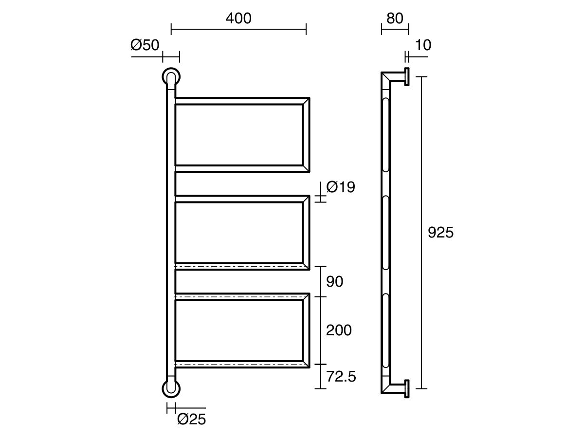 Technical Drawing - Hydrotherm Pure Swivel Heated & Non Heated Towel Rail 400 x 945mm
