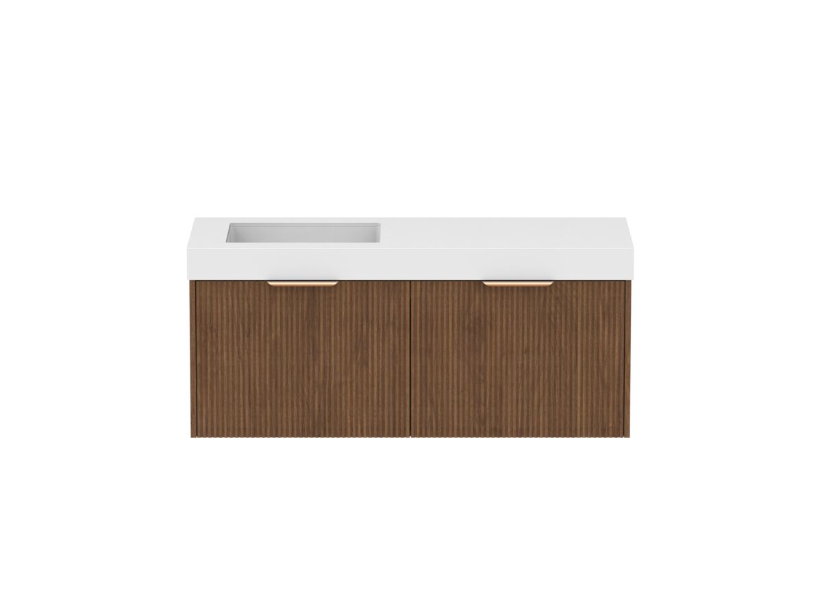 Supporting Image - Kado Neue Fluted Square All Drawer 1200mm Wall Hung Vanity with Left Hand Basin 90mm Top Florentine Walnut